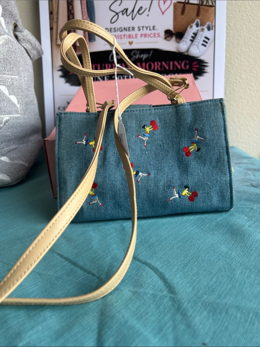 Blue Embroidered Crossbody Bag with Tan Strap